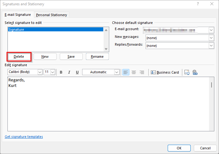 How do I delete an existing signature in Outlook?